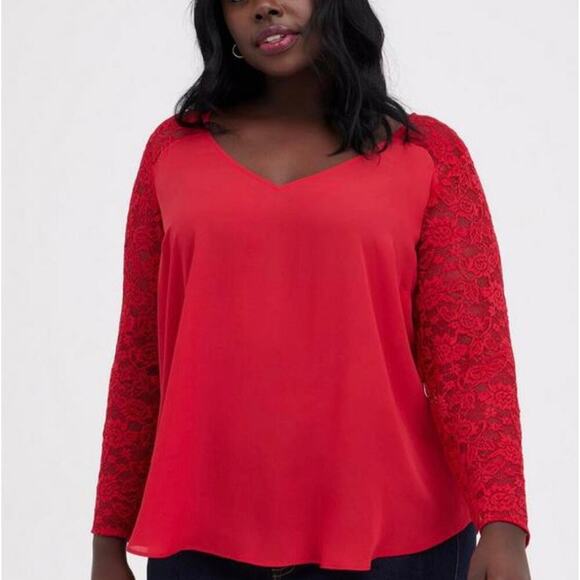 TORRID PLUS 4X 26 Georgette V Neck Lace Sleeve Blouse Top Jester Red NWT Flawed - Picture 1 of 15